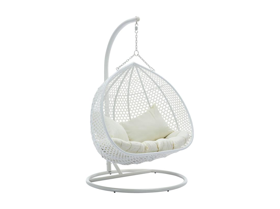 Vente Unique Fauteuil Suspendu 2 Places En Résine Tressée - Blanc Et Coussin Beige - VAHINA De MYLIA