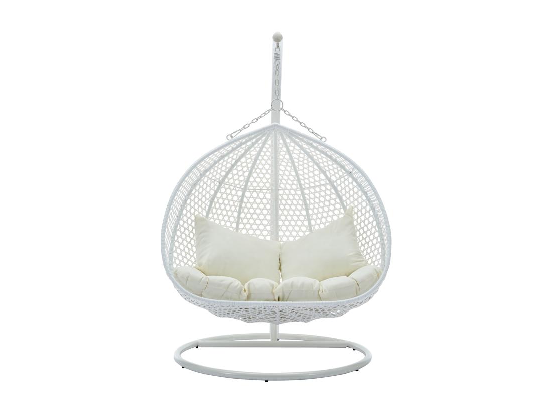 Vente Unique Fauteuil Suspendu 2 Places En Résine Tressée - Blanc Et Coussin Beige - VAHINA De MYLIA