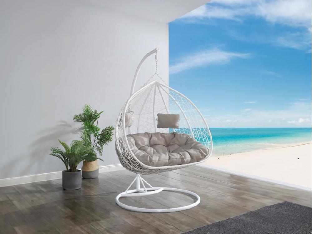 vente unique Fauteuil suspendu 2 places en résine tressée - Blanc avec coussins gris - CAYAMBE de MYLIA