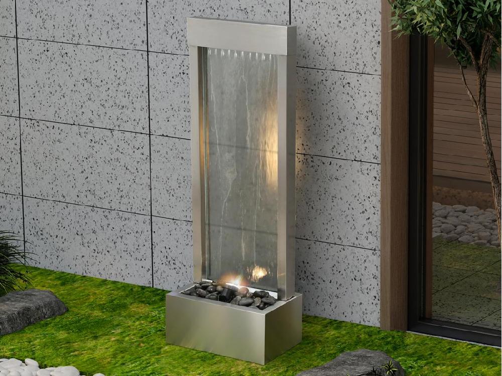 vente unique Fontaine d'extérieur en acier inoxydable et verre avec LED - H.108 cm - Argenté - PANGA