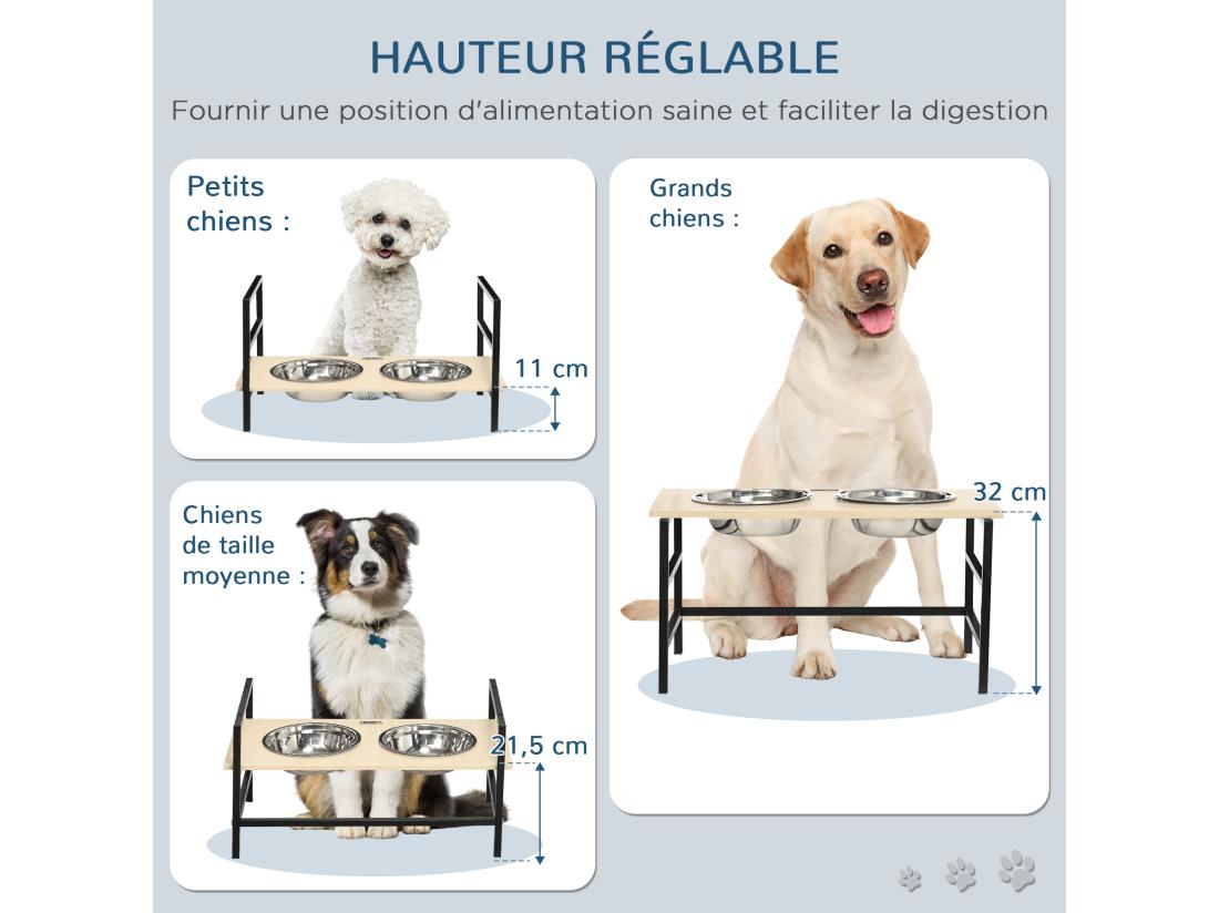 Vente Unique Gamelle Double Chien Porte-gamelles Surélevé Réglable 2 Gamelles Acier Inox Et Tapis Inclus Acier Noir Aspect Bois Clair