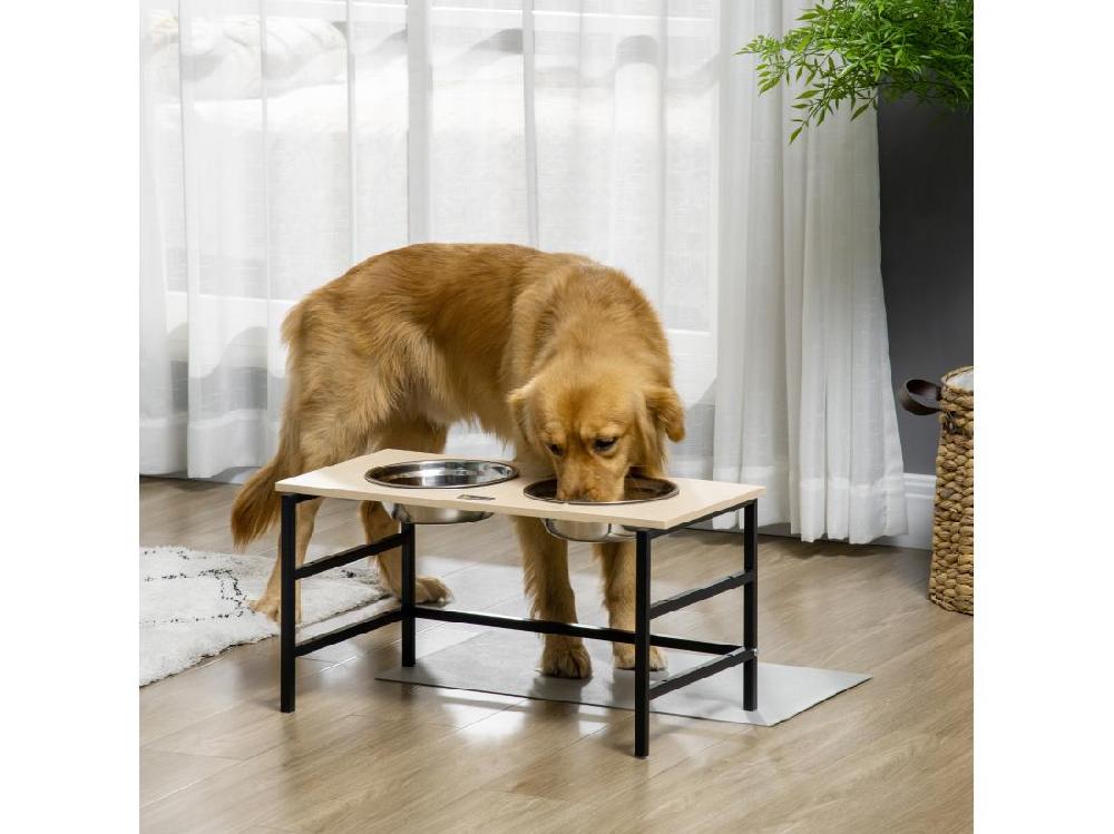 Vente Unique Gamelle Double Chien Porte-gamelles Surélevé Réglable 2 Gamelles Acier Inox Et Tapis Inclus Acier Noir Aspect Bois Clair
