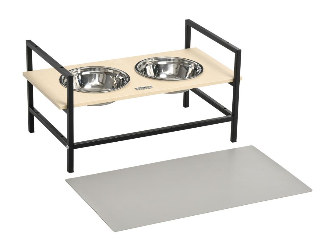 Vente Unique Gamelle Double Chien Porte-gamelles Surélevé Réglable 2 Gamelles Acier Inox Et Tapis Inclus Acier Noir Aspect Bois Clair