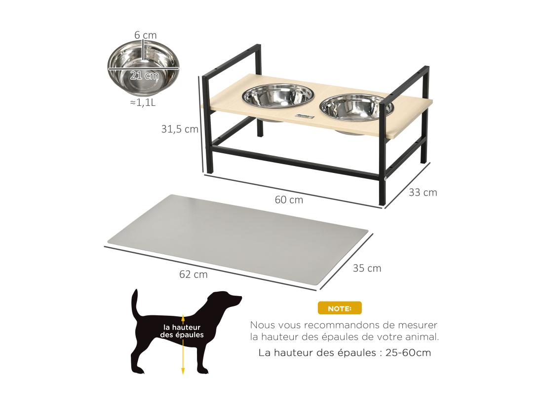 vente unique Gamelle double chien porte-gamelles surélevé réglable 2 gamelles acier inox et tapis inclus acier noir aspect bois clair