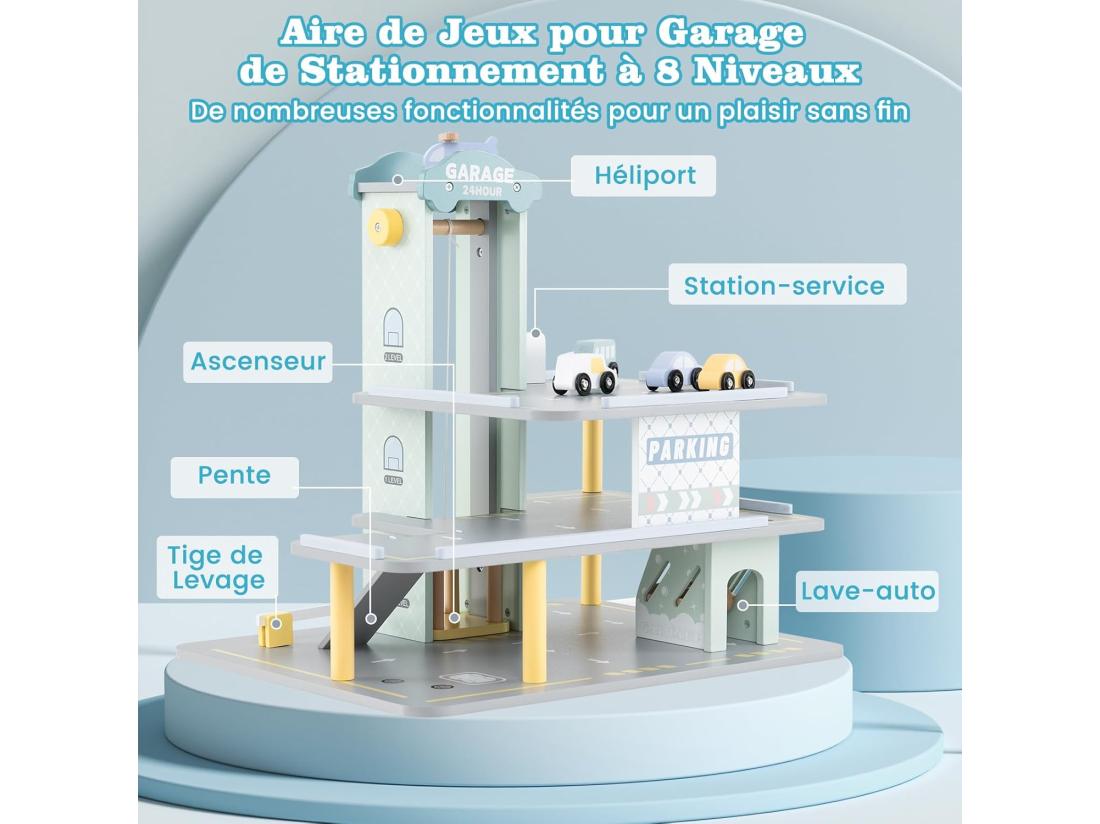 Vente Unique Garage En Bois à 3 Niveaux Enfants Avec 4 Voitures & 1 Hélicoptère Avec Ascenseur Amovible Station-Service & Héliport Jeu D'Imitation Pour 3 Ans+