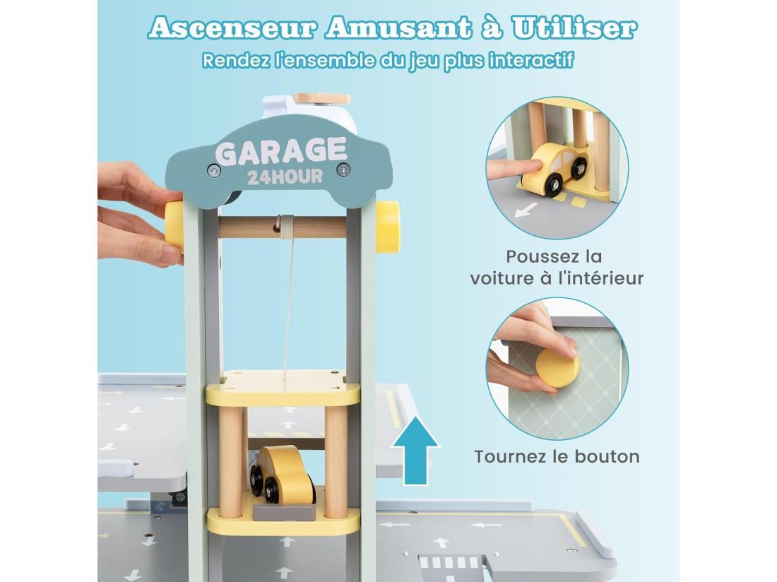 Vente Unique Garage En Bois à 3 Niveaux Enfants Avec 4 Voitures & 1 Hélicoptère Avec Ascenseur Amovible Station-Service & Héliport Jeu D'Imitation Pour 3 Ans+
