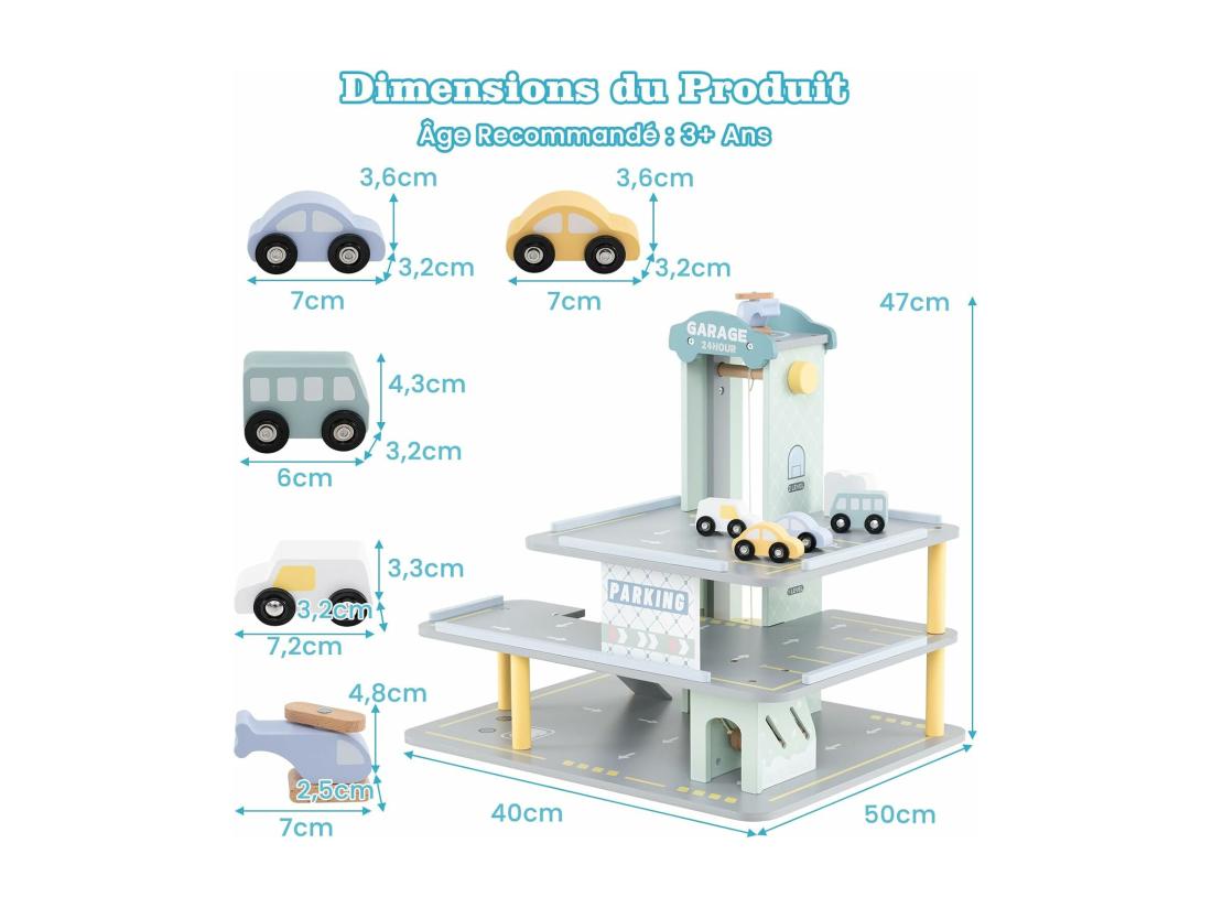 Vente Unique Garage En Bois à 3 Niveaux Enfants Avec 4 Voitures & 1 Hélicoptère Avec Ascenseur Amovible Station-Service & Héliport Jeu D'Imitation Pour 3 Ans+