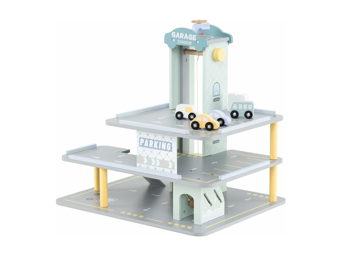 vente unique Garage en Bois à 3 Niveaux Enfants avec 4 Voitures & 1 Hélicoptère avec Ascenseur Amovible Station-Service & Héliport Jeu d'Imitation pour 3 Ans+
