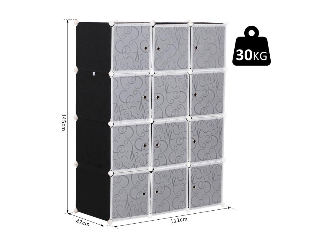 Vente Unique Garde Robe Armoire à Vêtements L 111 X L 47 X H 145 Cm Modulable 12 Cubes Noir Et Blanc