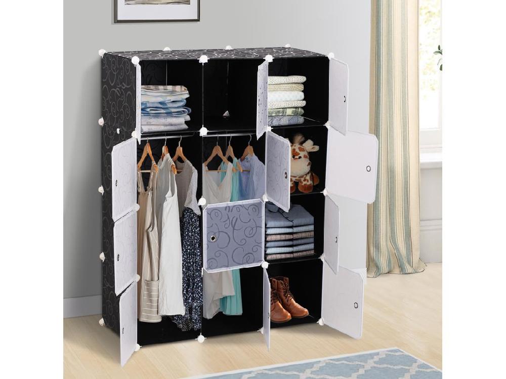 vente unique Garde robe armoire à vêtements L 111 x l 47 x H 145 cm modulable 12 cubes noir et blanc