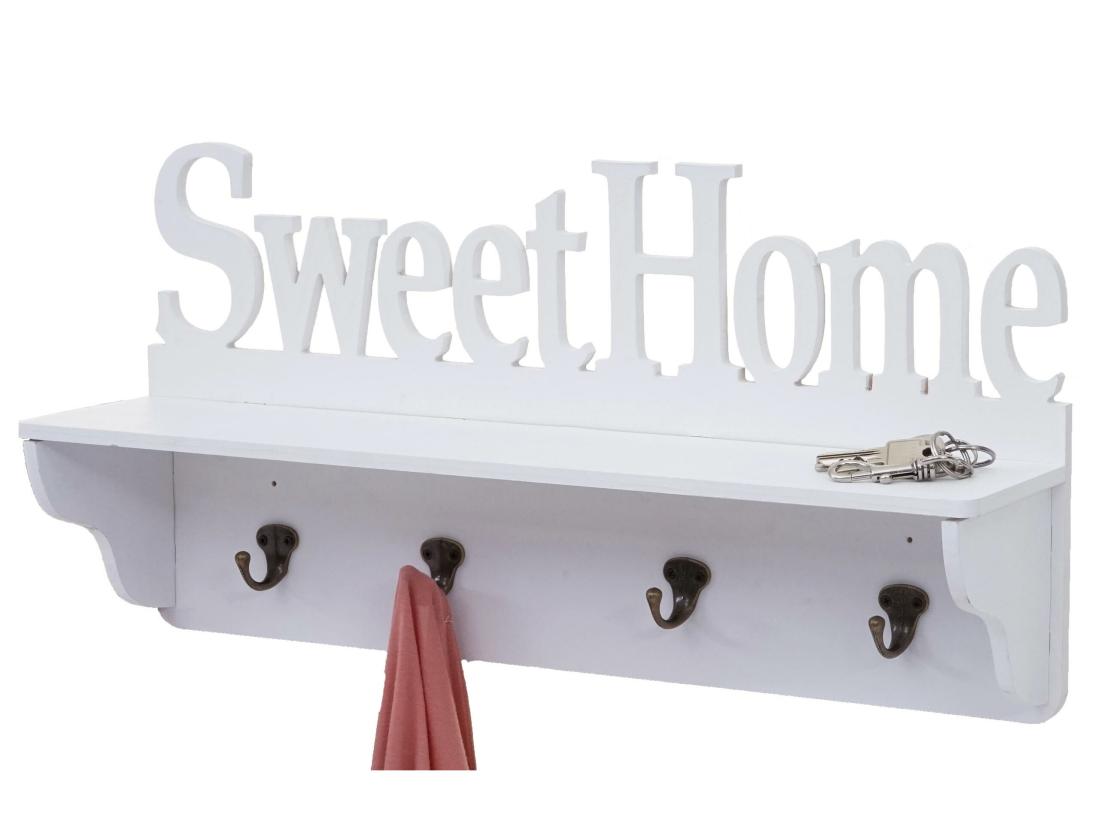 Vente Unique Garderobe Murale HWC-D41 Sweet Home Planche Vestiaire étagère 4 Crochets Massifs 30x60x13cm ~ Bla