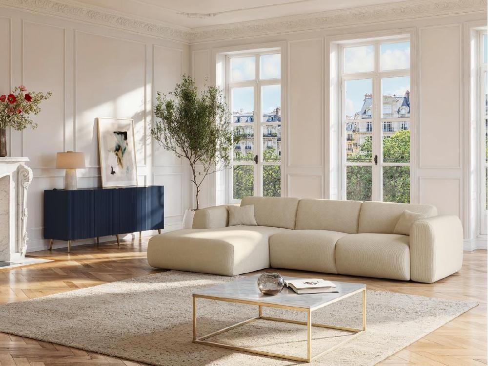 vente unique Grand canapé d'angle gauche en tissu texturé beige POGNI de Maison Céphy