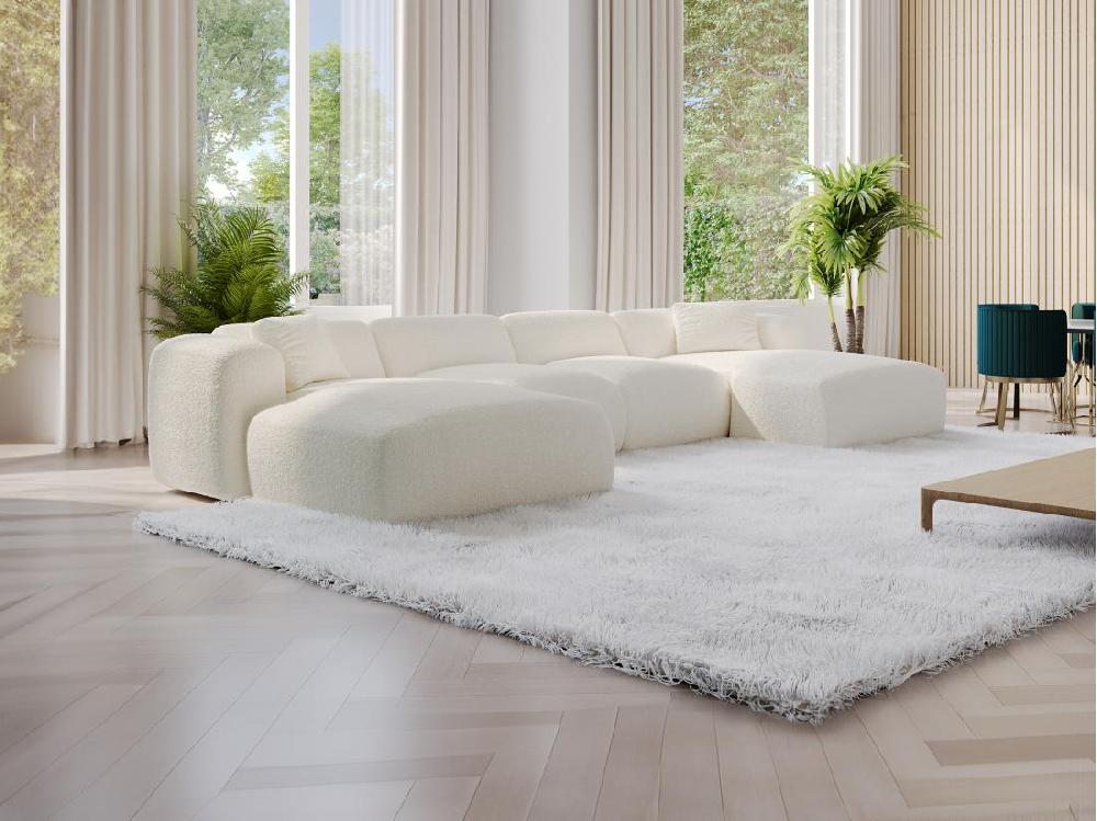 vente unique Grand canapé d'angle panoramique en tissu bouclette blanc POGNI de Maison Céphy