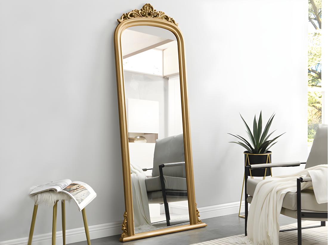 vente unique Grand miroir vintage en bois de paulownia - H.180 cm - Doré - MERRY