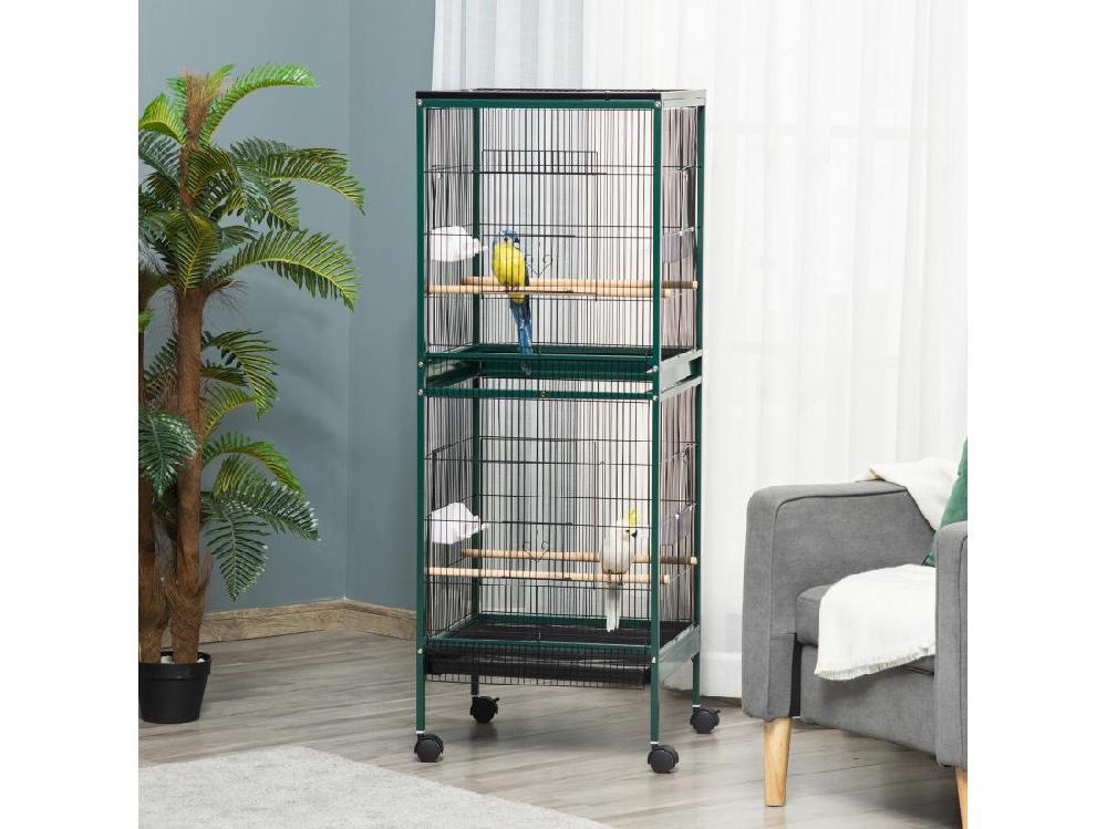 Vente Unique Grande Cage à Oiseaux Sur Pied à Roulettes - Volière Double Mangeoires Perchoirs Plateau Amovible - Vert Noir