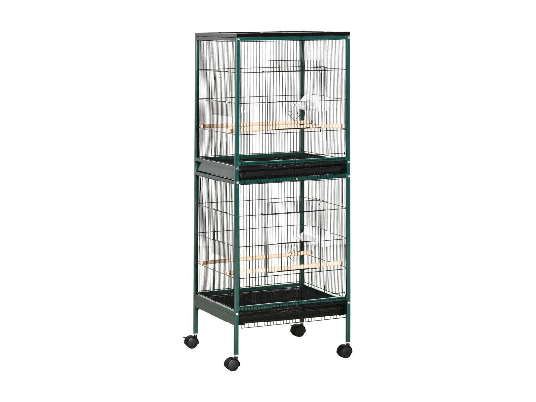 Vente Unique Grande Cage à Oiseaux Sur Pied à Roulettes - Volière Double Mangeoires Perchoirs Plateau Amovible - Vert Noir