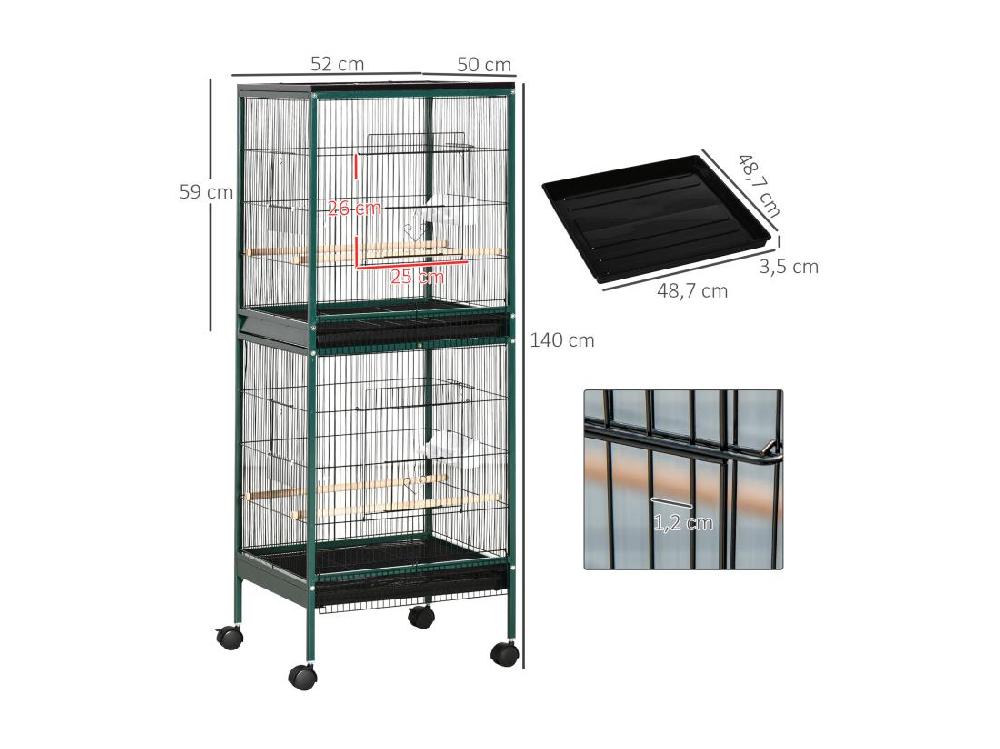 Vente Unique Grande Cage à Oiseaux Sur Pied à Roulettes - Volière Double Mangeoires Perchoirs Plateau Amovible - Vert Noir