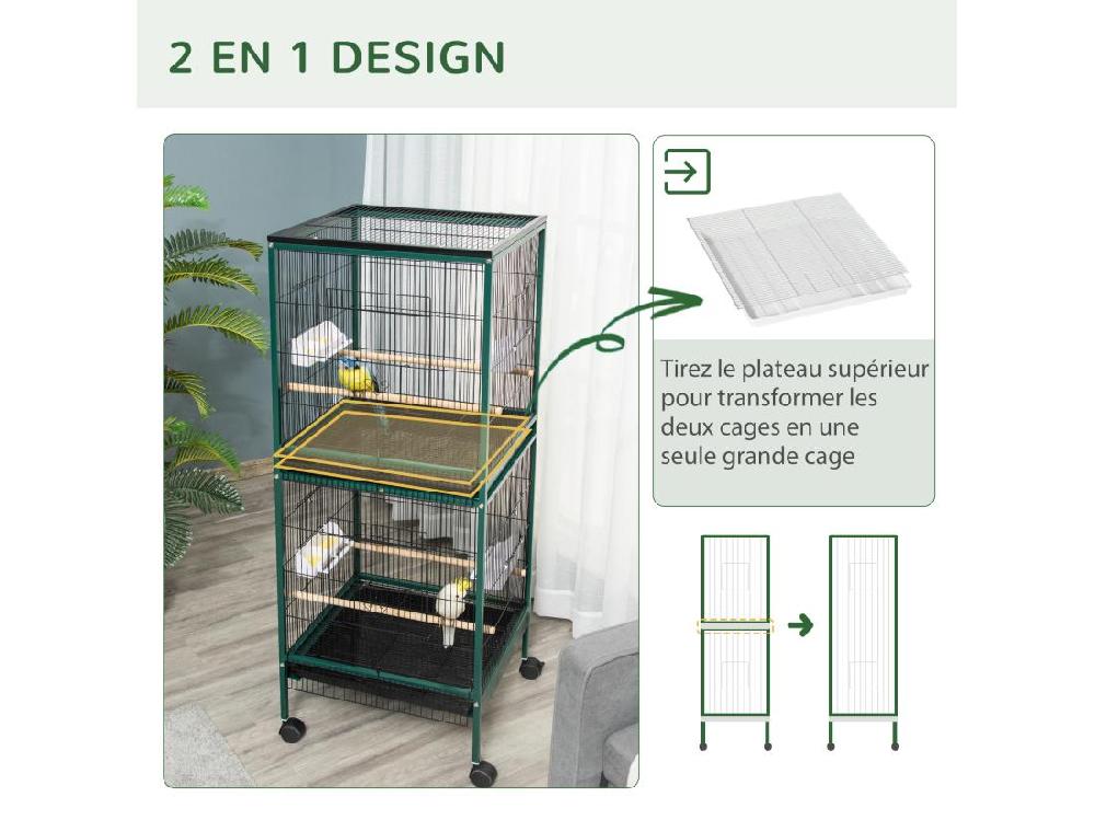vente unique Grande cage à oiseaux sur pied à roulettes - volière double mangeoires perchoirs plateau amovible - vert noir