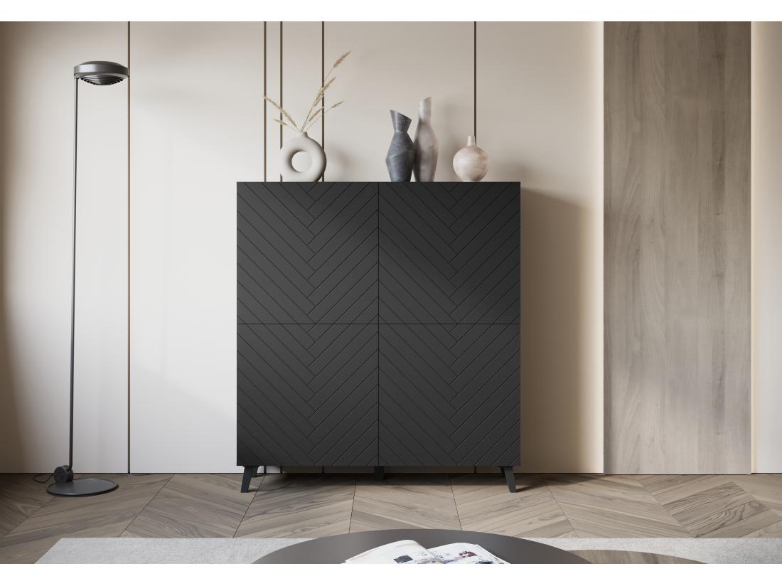 Vente Unique Grande Commode Moderne Chevrons Noirs MDF Fermeture Douce 120 Cm