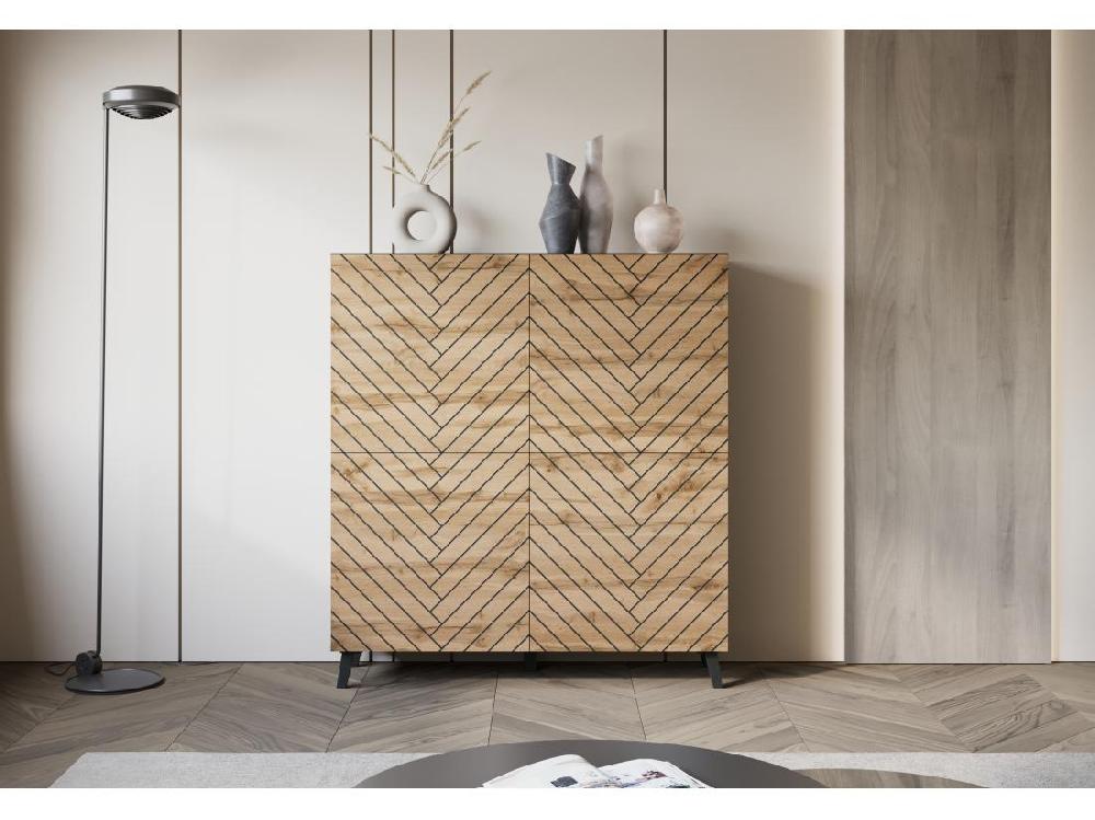 Vente Unique Grande Commode Moderne Noir Wotan Chevrons MDF Fermeture Douce 120 Cm