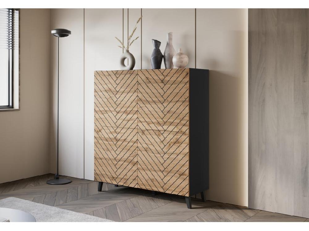 vente unique Grande commode moderne Noir Wotan chevrons MDF fermeture douce 120 cm