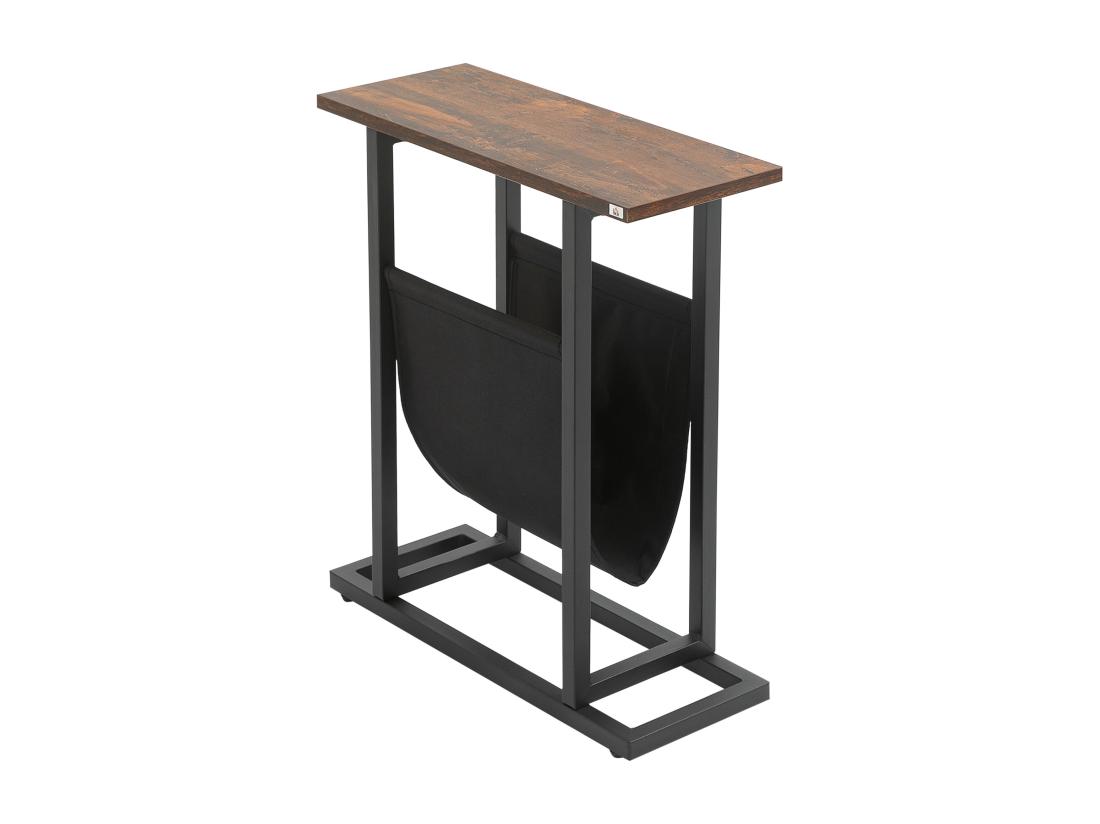 Vente Unique Guéridon Bout De Canapé Table Basse D'appoint - Porte-revue Tissu Noir - Châssis Métal Noir Plateau Aspect Bois