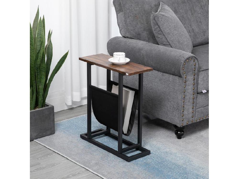 Vente Unique Guéridon Bout De Canapé Table Basse D'appoint - Porte-revue Tissu Noir - Châssis Métal Noir Plateau Aspect Bois