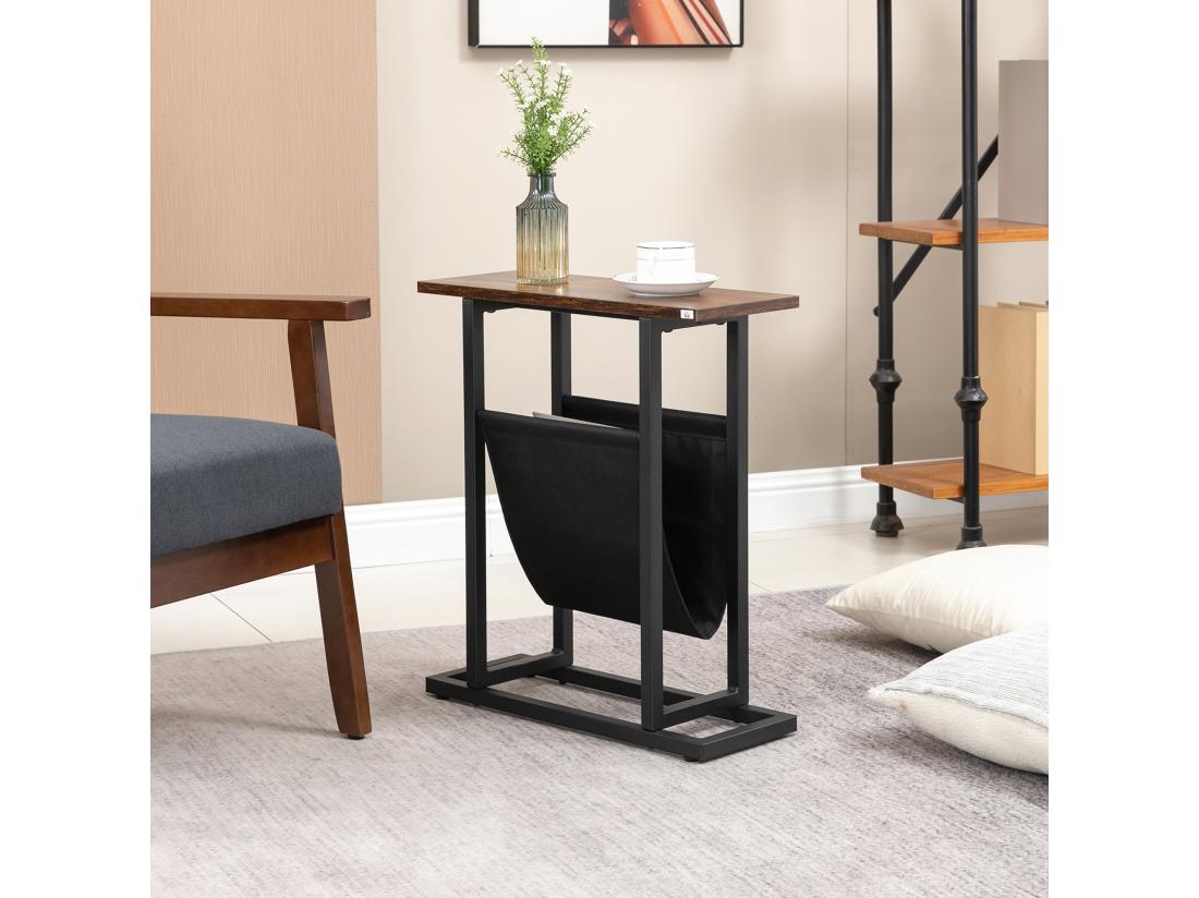 vente unique Guéridon bout de canapé table basse d'appoint - porte-revue tissu noir - châssis métal noir plateau aspect bois