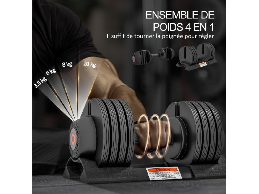 Vente Unique Haltère Réglable Poids 3 5/6/8/10 Kg Max. - Plateau Rangement Poignée Antidérapante - Acier ABS Noir