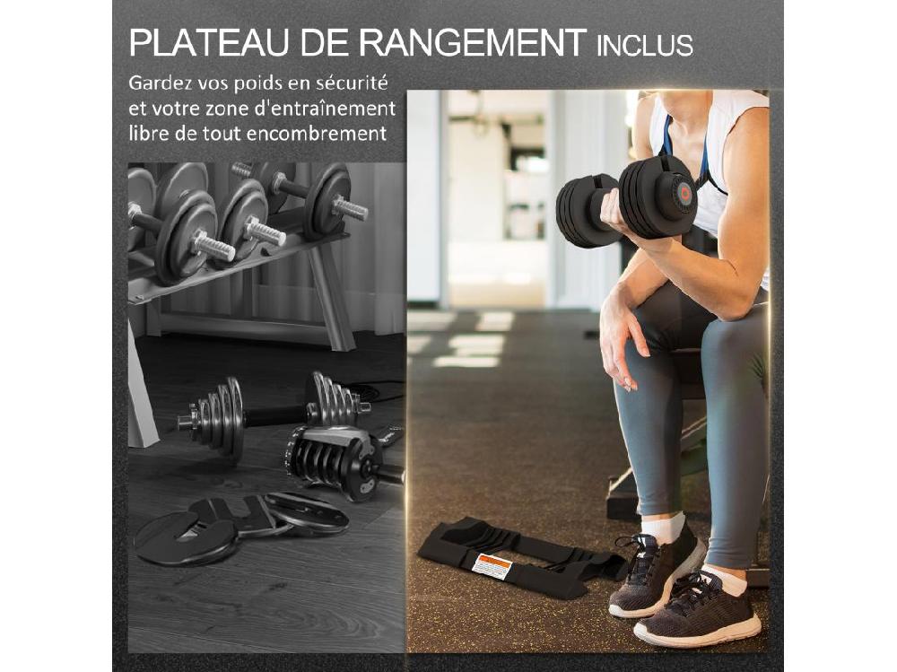 vente unique Haltère réglable poids 3 5/6/8/10 Kg max. - plateau rangement poignée antidérapante - acier ABS noir