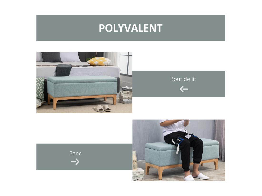 Vente Unique HOMCOM Banquette Coffre De Rangement 2 En 1 Style Scandinave Dim. 110L X 39l X 45H Cm Tissu Vert D'eau
