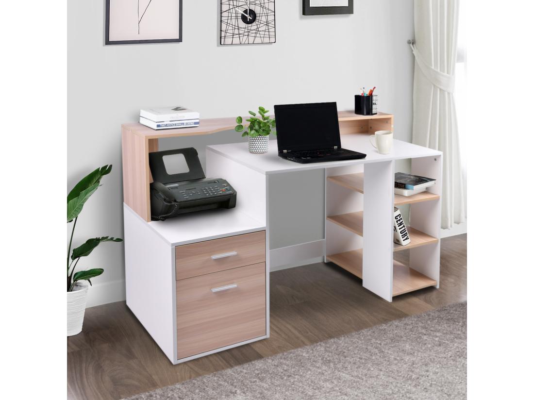 Vente Unique HOMCOM Bureau Informatique Multimédia Design Multi-rangements 137 L X 55 L X 92 H Cm Chêne Blanc