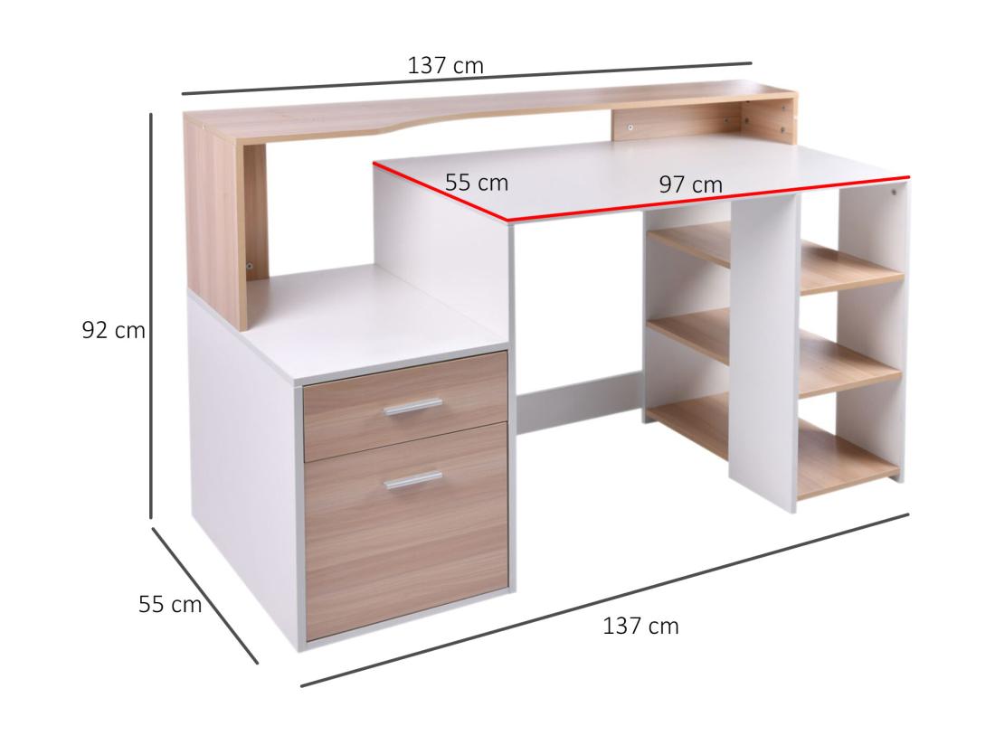 Vente Unique HOMCOM Bureau Informatique Multimédia Design Multi-rangements 137 L X 55 L X 92 H Cm Chêne Blanc