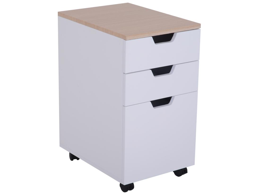 Vente Unique HOMCOM Caisson De Bureau Rangement Bureau Sur Roulettes 3 Tiroirs Coulissants Dim. 34L X 40I X 60 5H Cm MDF Blanc Bois Clair