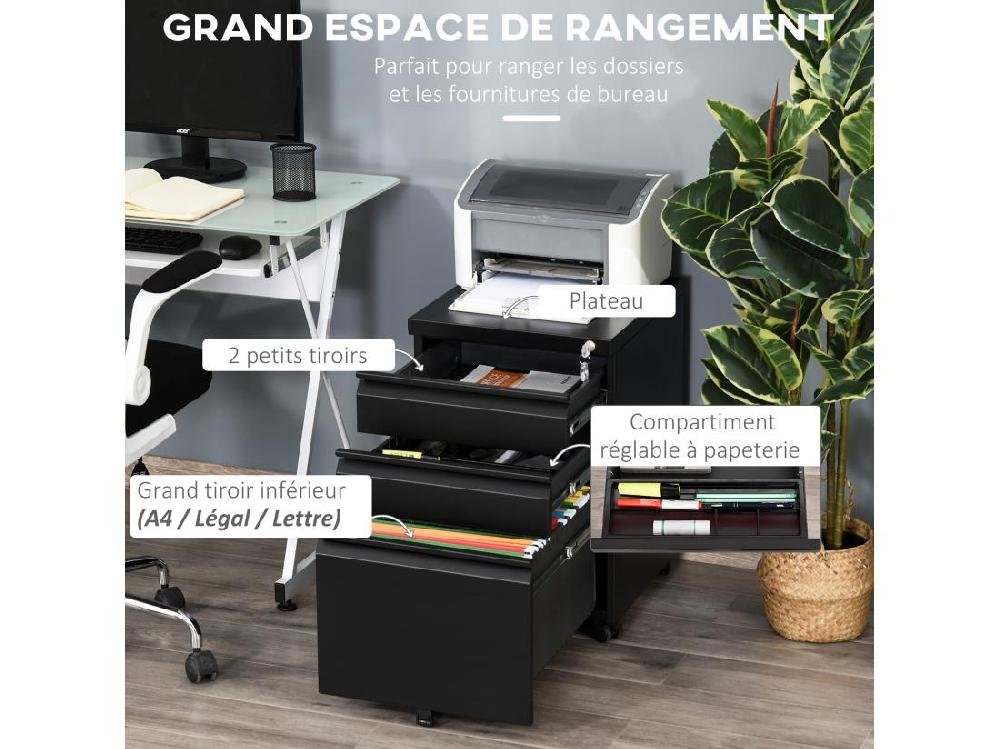 Vente Unique HOMCOM Caisson De Bureau Rangement Bureau Sur Roulettes 3 Tiroirs Verrouillables 39l X 48P X 60H Cm Noir
