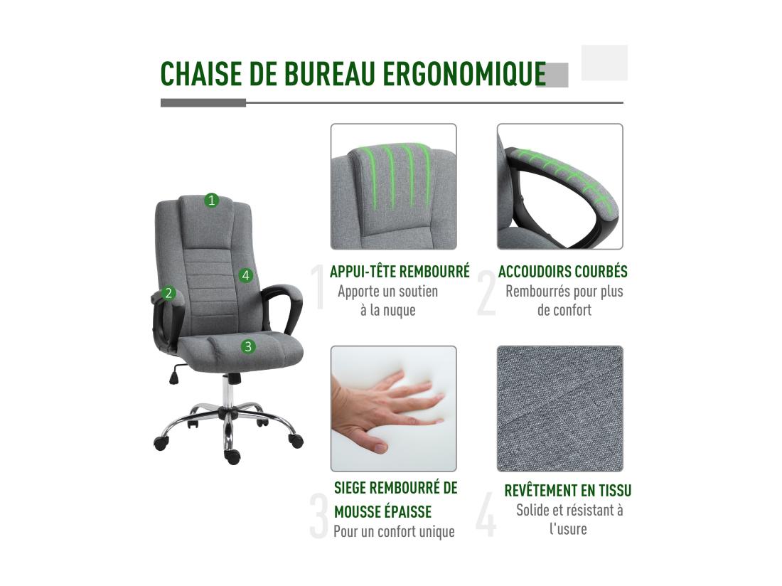 Vente Unique HOMCOM Fauteuil De Bureau à Roulettes Chaise Manager Ergonomique Pivotante Hauteur Réglable Lin Gris Foncé
