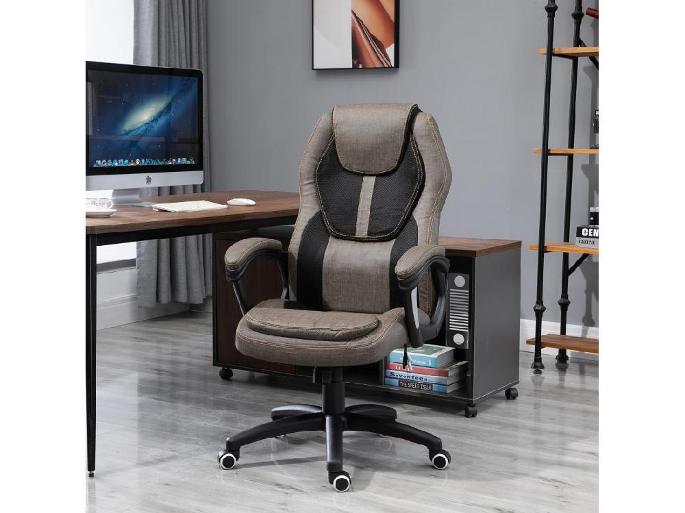 Vente Unique HOMCOM Fauteuil De Bureau Manager Massant Hauteur Réglable Pivotant 360° Polyester PU Gris Brun Surpiqûre Orange