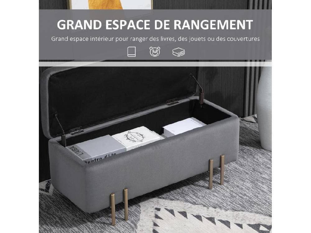 Vente Unique HOMCOM Grand Pouf Coffre De Rangement Design Contemporain- Banc Avec Espace De Rangement - Dim. 100L X 40l X 42H Cm - Velours Gris Foncé Piètement Métal Doré