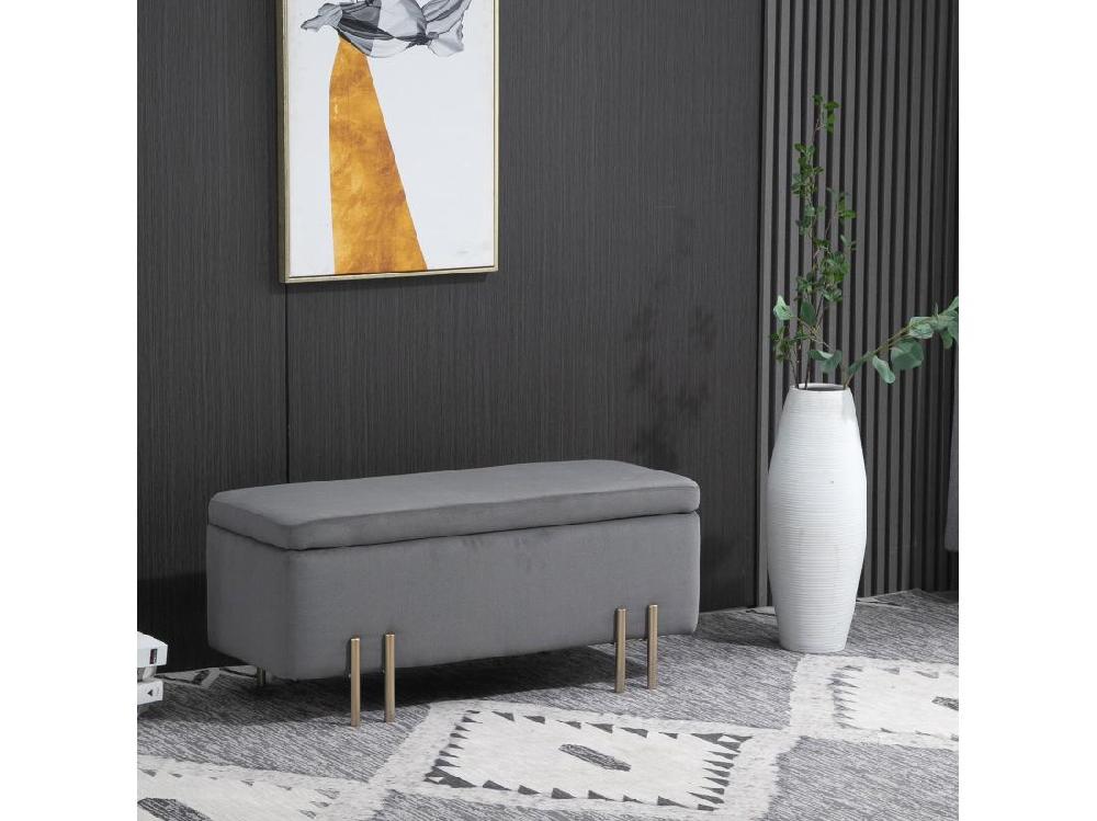 vente unique HOMCOM Grand pouf coffre de rangement design contemporain- banc avec espace de rangement - dim. 100L x 40l x 42H cm - velours gris foncé piètement métal doré
