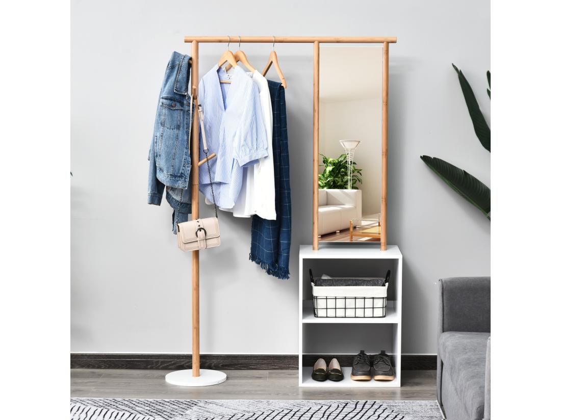 Vente Unique HOMCOM Porte-manteaux Meuble D'entrée Vestiaire Penderie Avec Miroir 4 Patères 2 Niches Dim. 100L X 34l X 164H Cm MDF Blanc Bois Massif Bambou