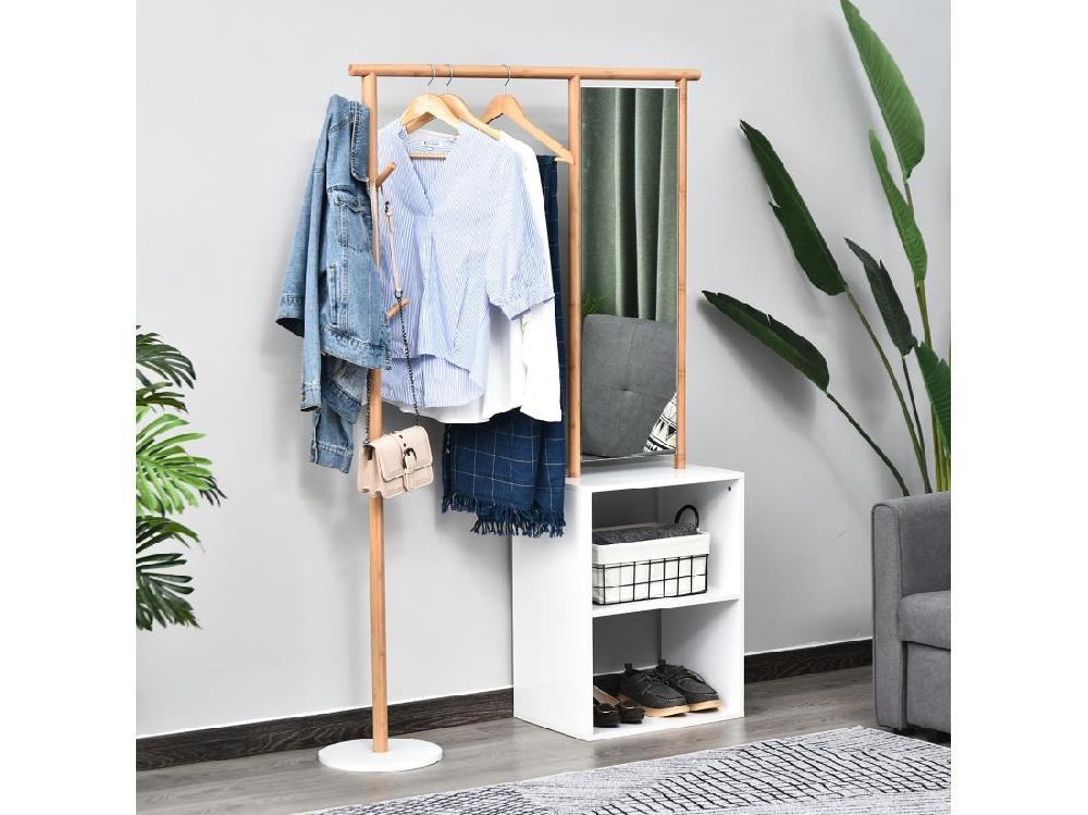 Vente Unique HOMCOM Porte-manteaux Meuble D'entrée Vestiaire Penderie Avec Miroir 4 Patères 2 Niches Dim. 100L X 34l X 164H Cm MDF Blanc Bois Massif Bambou
