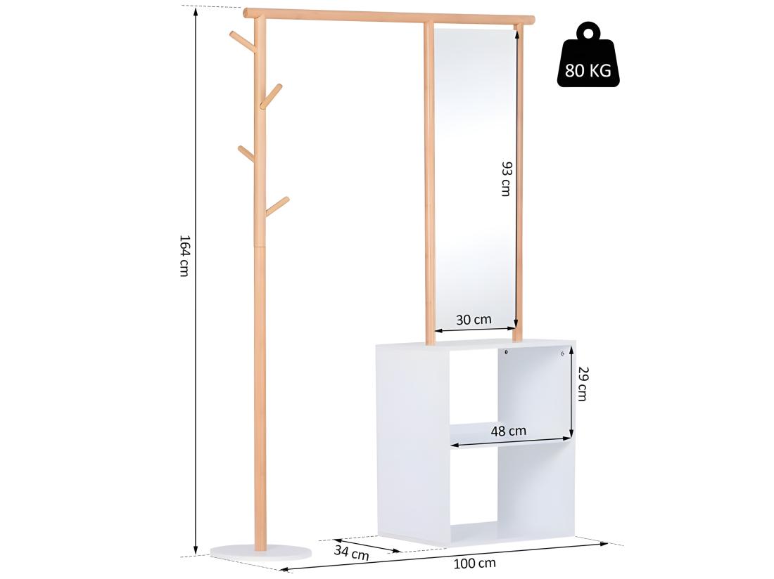 vente unique HOMCOM Porte-manteaux meuble d'entrée vestiaire penderie avec miroir 4 patères 2 niches dim. 100L x 34l x 164H cm MDF blanc bois massif bambou