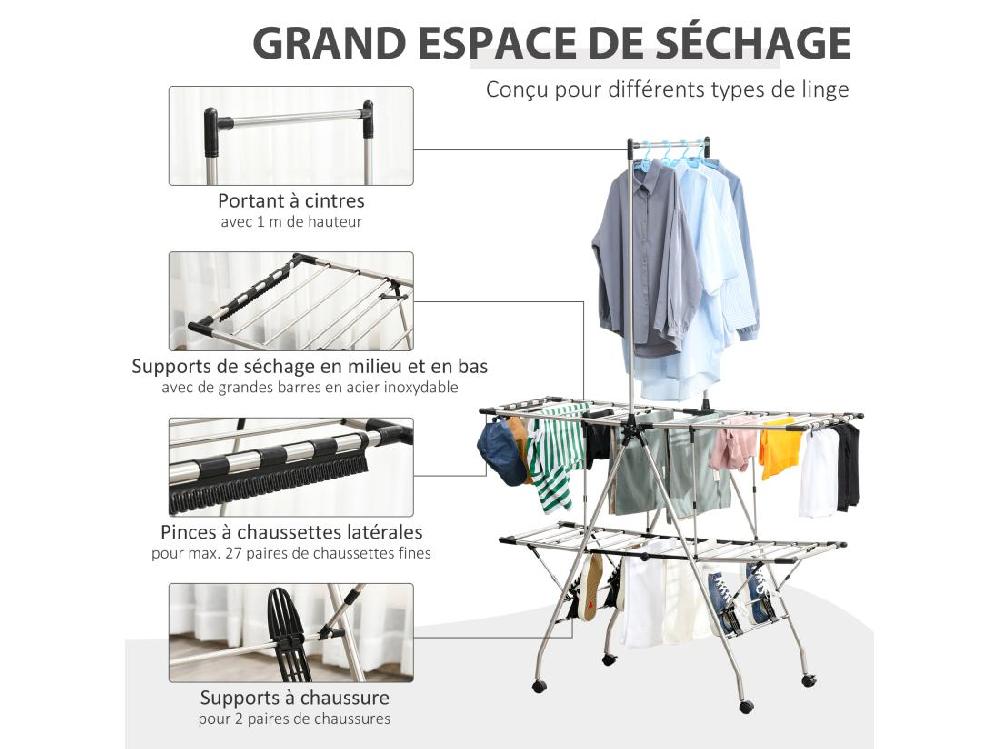 Vente Unique HOMCOM Séchoir à Linge étendoir à Vêtements Pliable Réglable Avec Barre De Penderie Et Roulettes Acier Inox. PP Noir