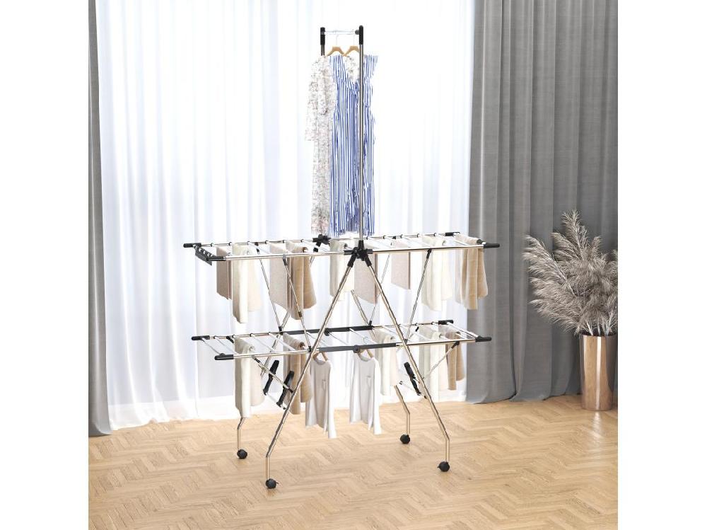 Vente Unique HOMCOM Séchoir à Linge étendoir à Vêtements Pliable Réglable Avec Barre De Penderie Et Roulettes Acier Inox. PP Noir