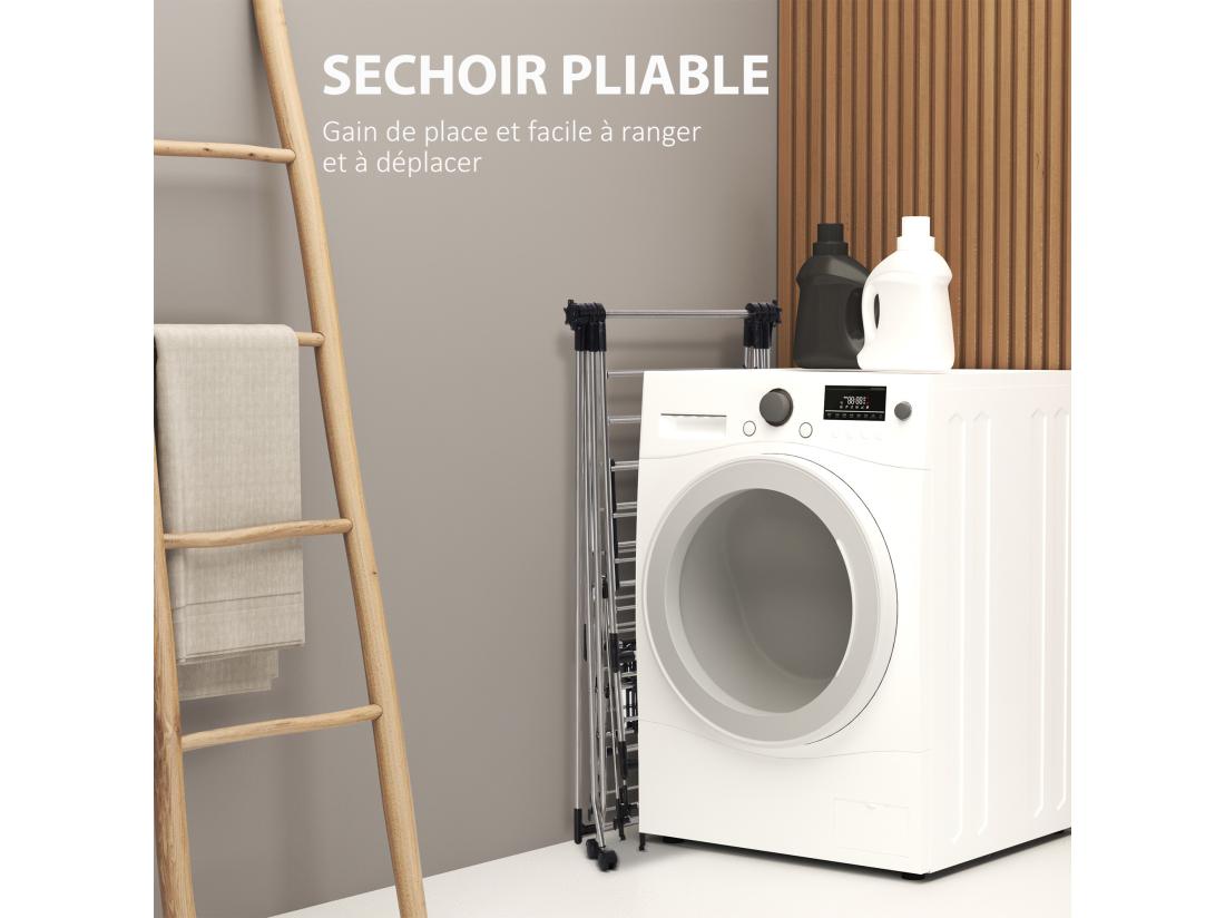 Vente Unique HOMCOM Séchoir à Linge étendoir à Vêtements Pliable Réglable Avec Barre De Penderie Et Roulettes Acier Inox. PP Noir