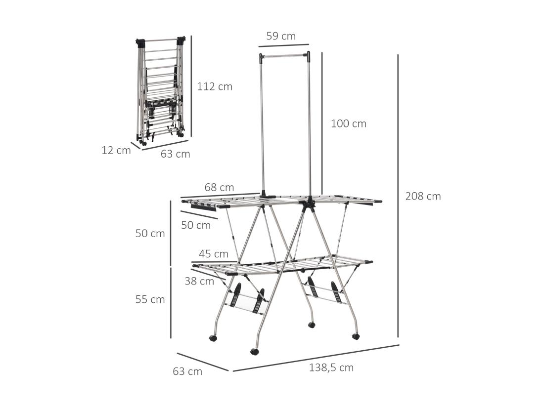vente unique HOMCOM Séchoir à linge étendoir à vêtements pliable réglable avec barre de penderie et roulettes acier inox. PP noir