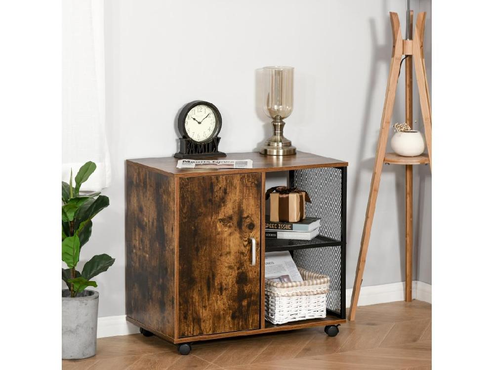 Vente Unique HOMCOM Support D'imprimante - Caisson Organiseur Bureau - Placard Porte 2 Niches Grand Plateau - Panneaux Particules Coloris Boisé Métal Noir