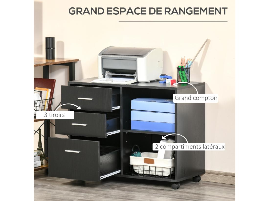 Vente Unique HOMCOM Support D'imprimante Organiseur Bureau Caisson 3 Tiroirs + 2 Niches + Grand Plateau Panneaux Particules Noir