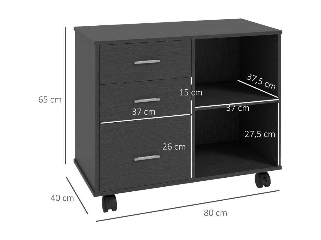 Vente Unique HOMCOM Support D'imprimante Organiseur Bureau Caisson 3 Tiroirs + 2 Niches + Grand Plateau Panneaux Particules Noir