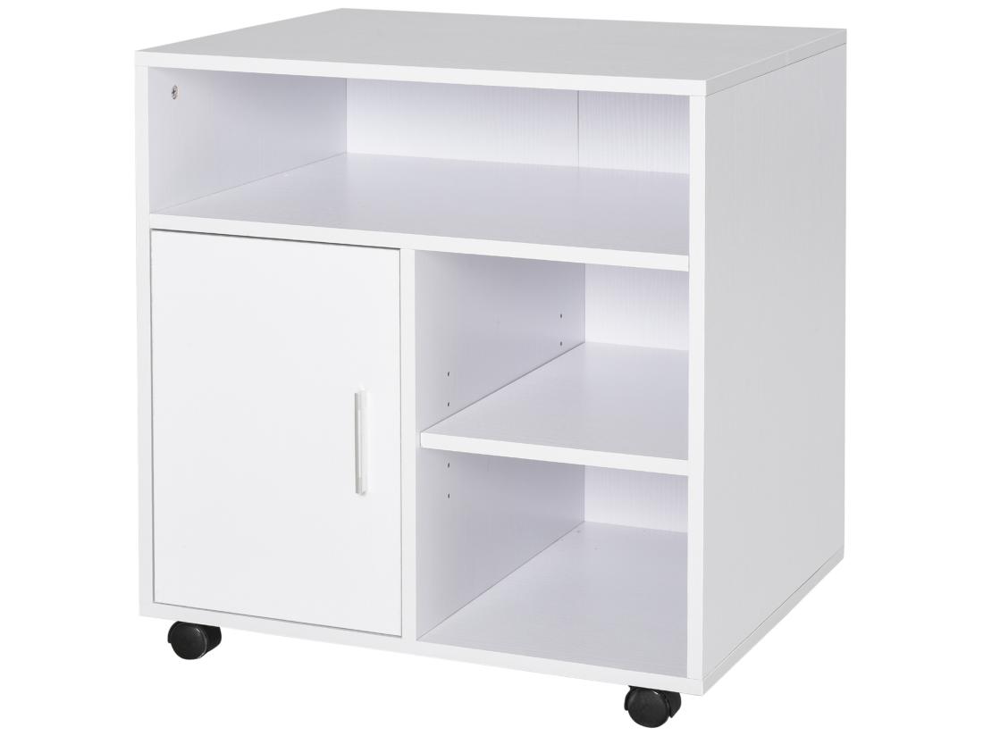 Vente Unique HOMCOM Support D'imprimante Organiseur Bureau Caisson Placard Porte 3 Niches + Grand Plateau Panneaux Particules Blanc